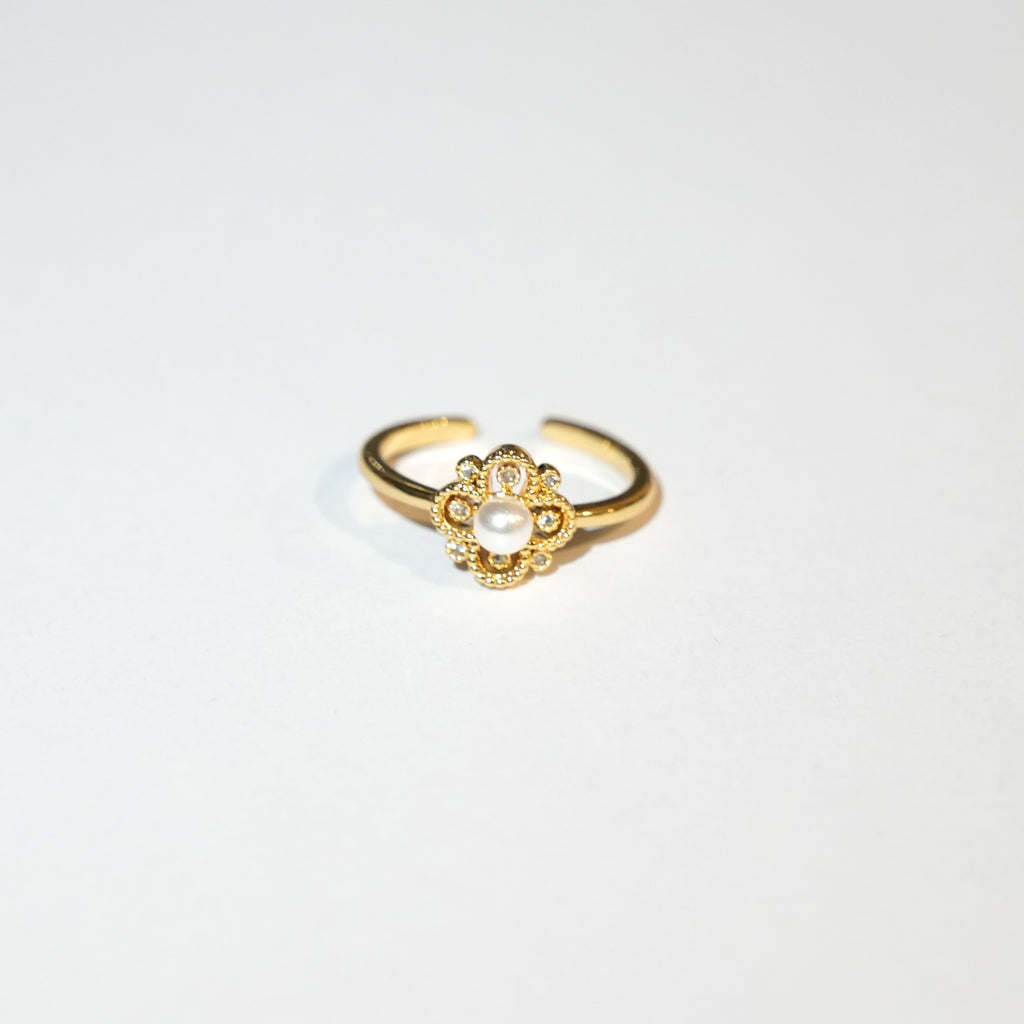 Gold-Tone Floral Pearl Adjustable Ring
