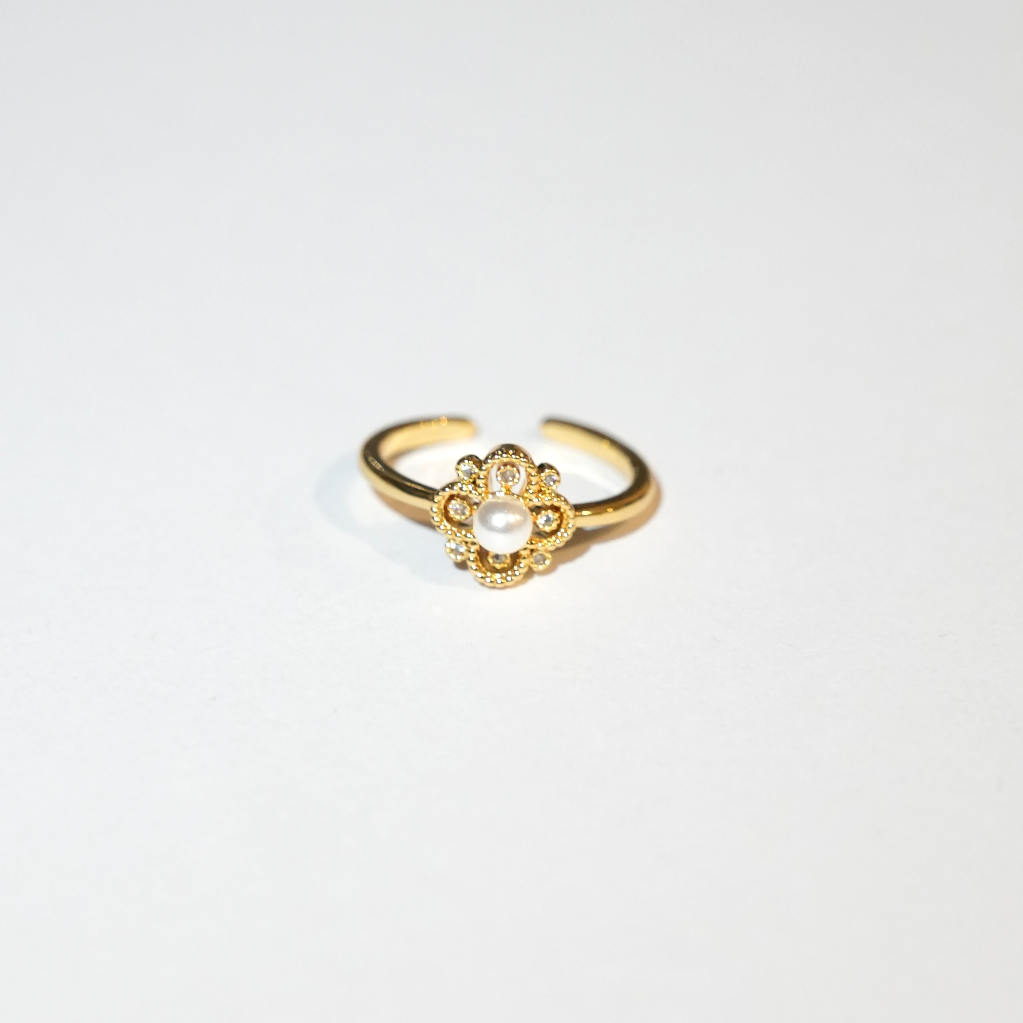 Gold-Tone Floral Pearl Adjustable Ring