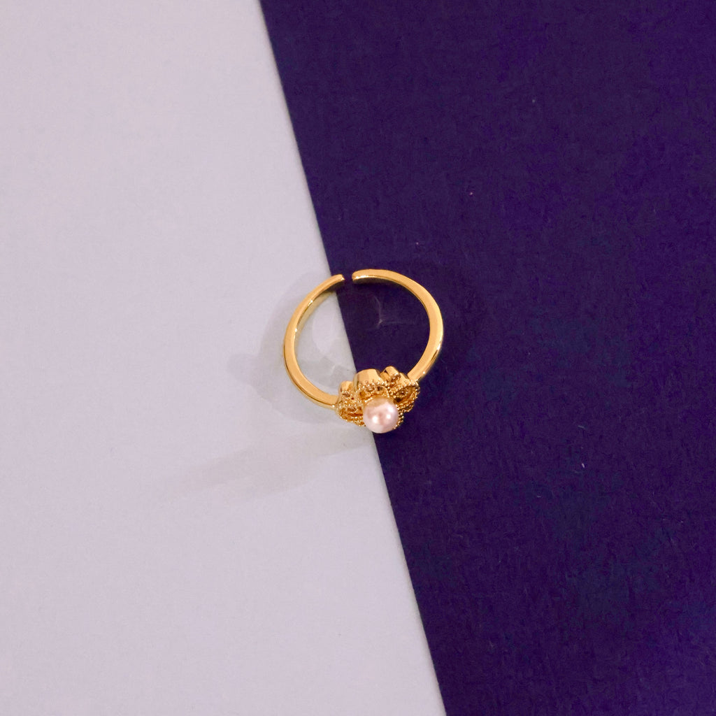 Gold-Tone Floral Pearl Adjustable Ring