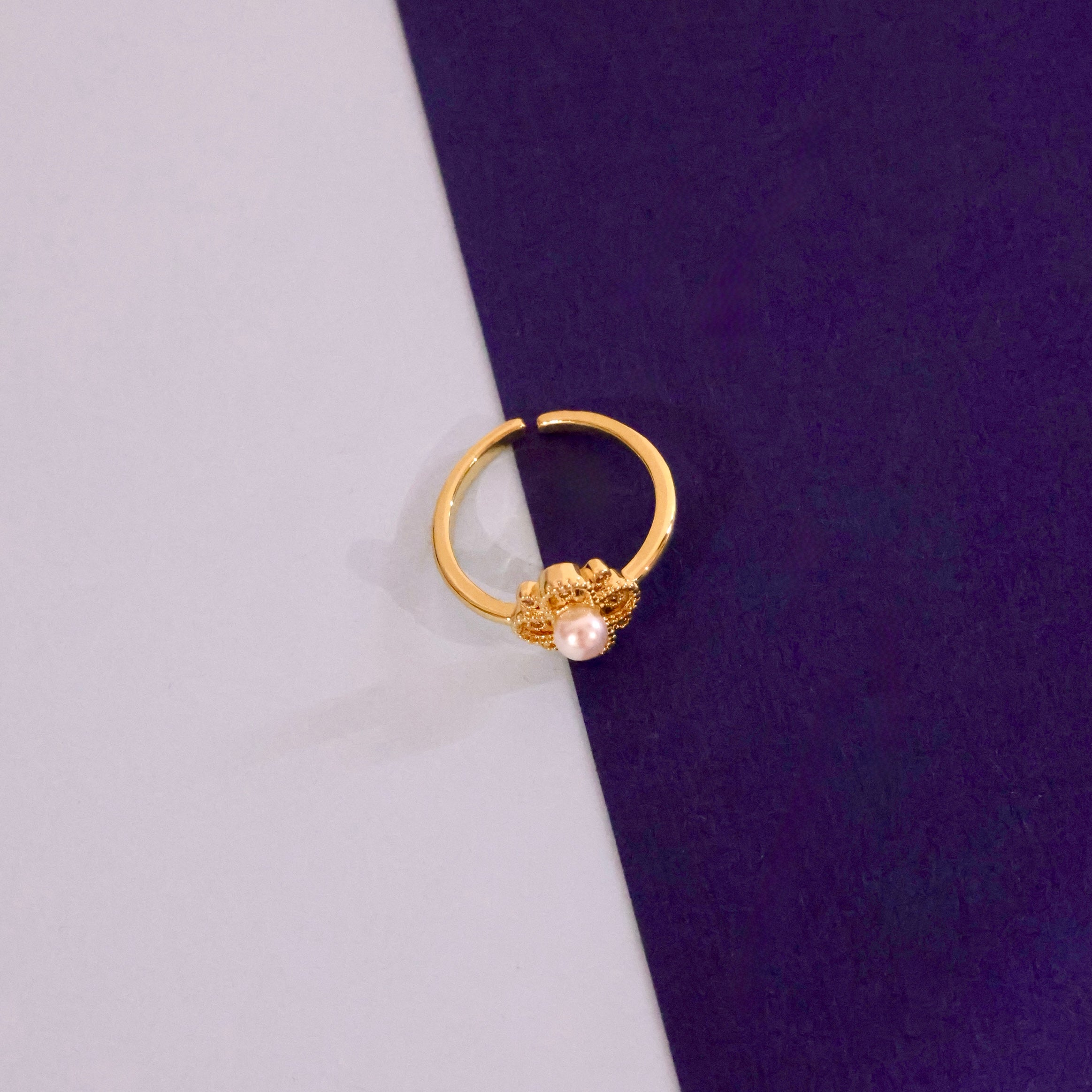 Gold-Tone Floral Pearl Adjustable Ring
